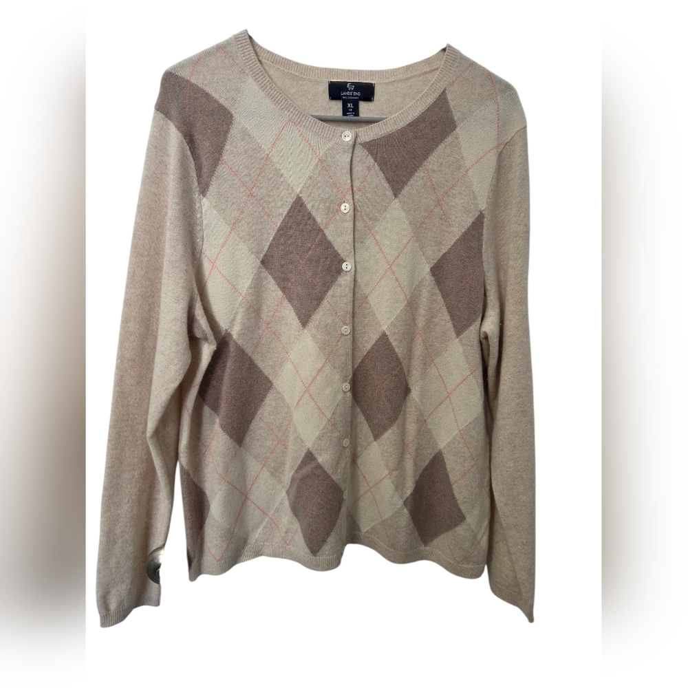 Lands End Cardigan Women's XL 100% Cashmere Argyle Preppy Classic Knit Sweater